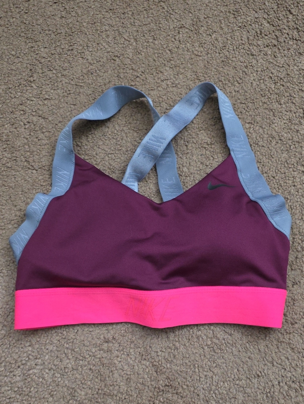 Nike Women's Plum Sports Bra with Hot Pink Band and Light Gray Straps